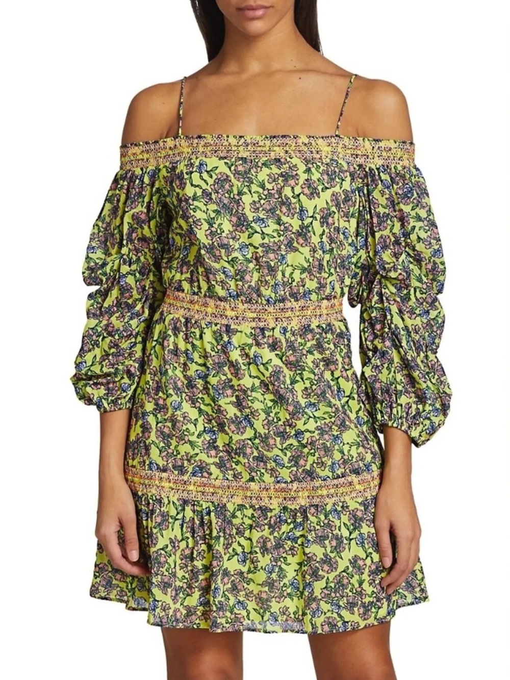 Alice + Olivia Dorothy Off-the-Shoulder Floral Mini Dress in Ditsy Border Print